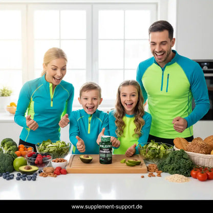 Familie mit Vegan Omega-3 Supplement und frischem Obst, Gemüse & Nüssen für gesunde Ernährung