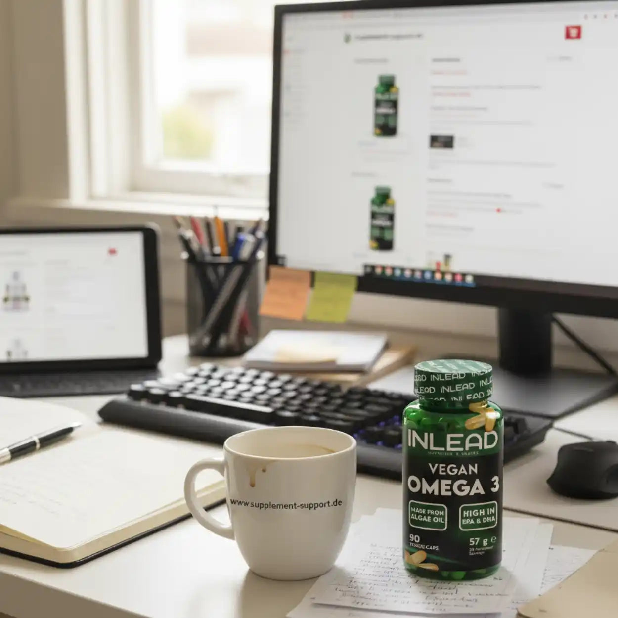 INLEAD Vegan Omega 3 Kapseln auf Schreibtisch mit Kaffee und Computer, Nahrungsergänzungsmittel