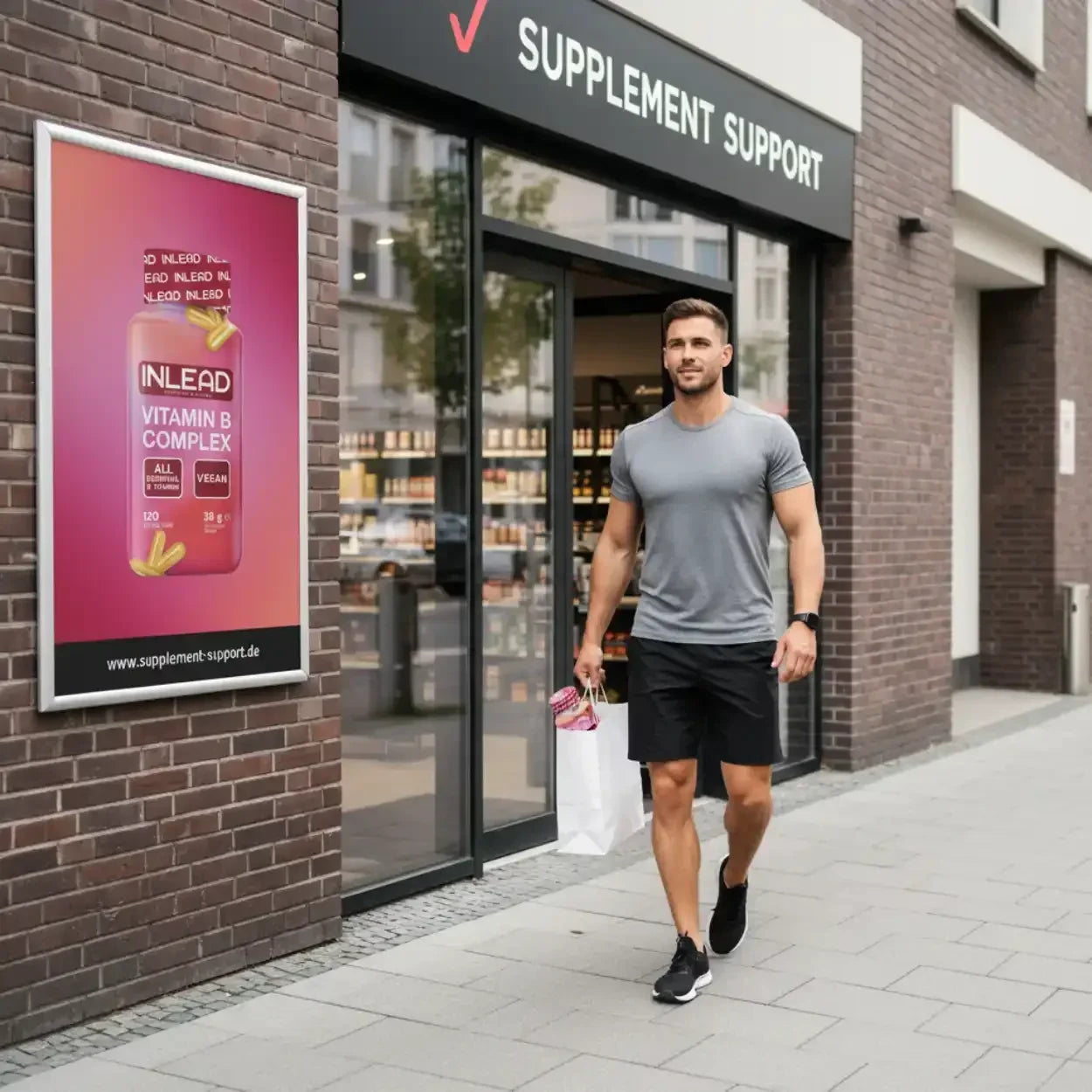 Muskulöser Mann verlässt Supplement Support-Laden mit Einkaufstüte, neben Vitamin B Complex Werbung