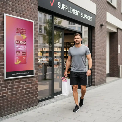 Muskulöser Mann verlässt Supplement Support-Laden mit Einkaufstüte, neben Vitamin B Complex Werbung