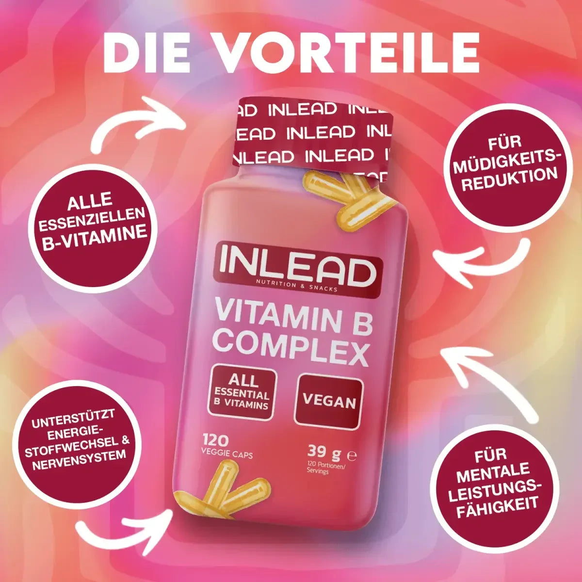 INLEAD Vitamin B Complex, vegan, 120 Veggie Caps – für Energie, Nervensystem & mentale Leistungsfähigkeit