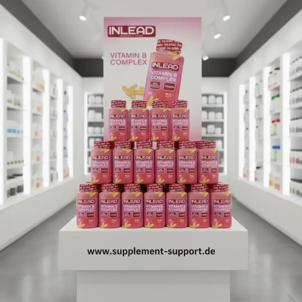INLEAD Vitamin B Complex Flaschenpyramide in Apotheke – Nahrungsergänzungsmittel für Energie & Vitalität