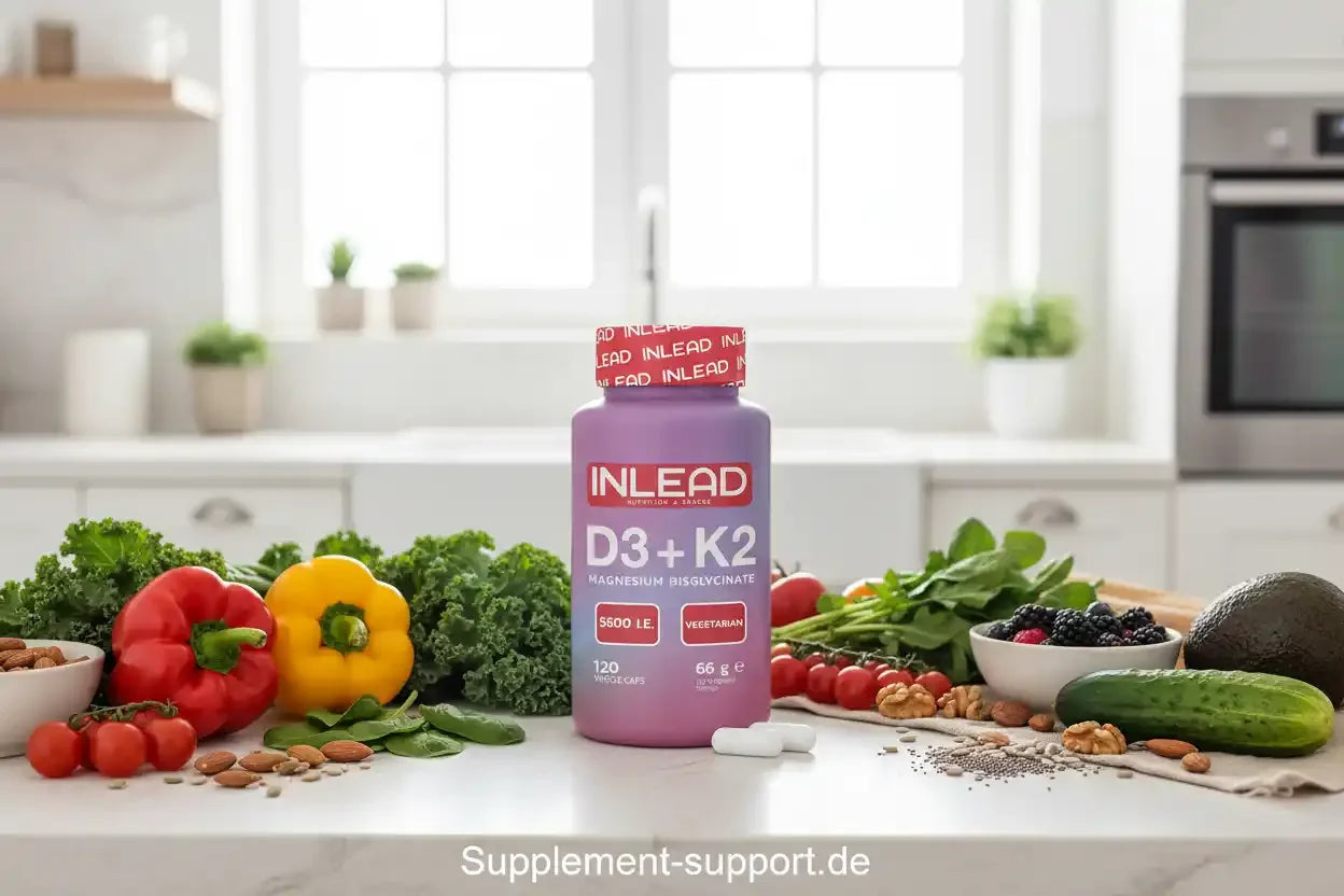 INLEAD D3 + K2 Vitamin-Kapseln mit Magnesium, umgeben von frischem Gemüse und Nüssen in moderner Küche