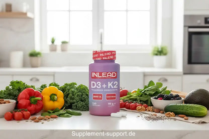 INLEAD D3 + K2 Vitamin-Kapseln mit Magnesium, umgeben von frischem Gemüse und Nüssen in moderner Küche
