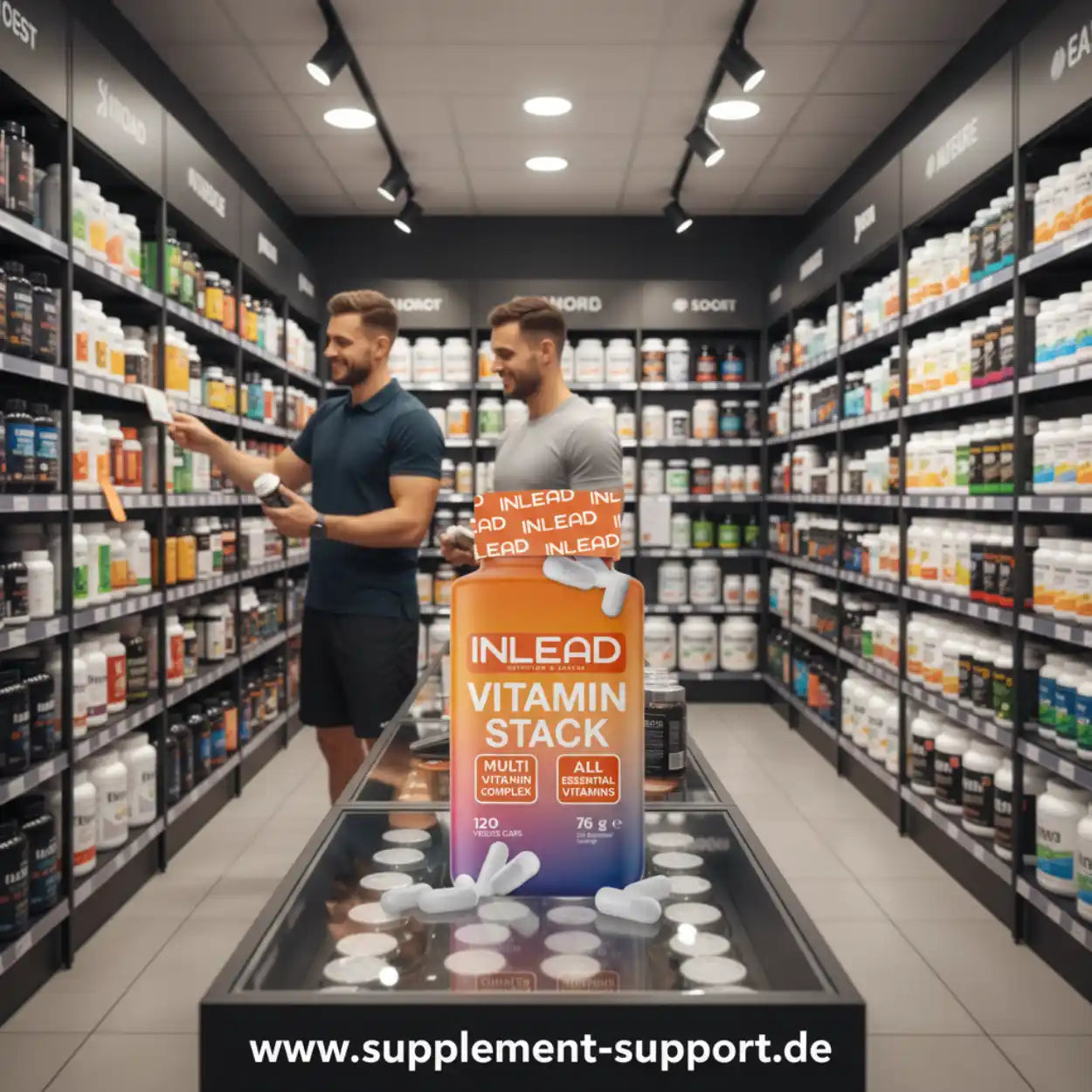 INLEAD Vitamin Stack Multivitamin-Komplex in Supplement-Shop mit Kunden und Regalen voller Nahrungsergänzungsmittel