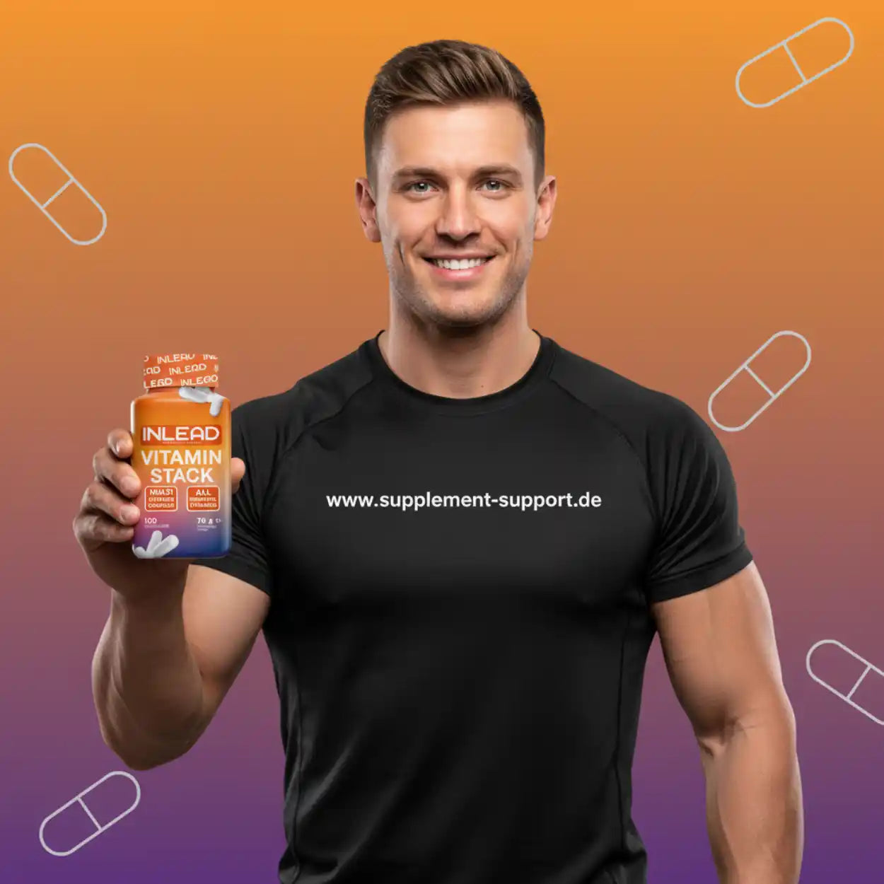 Muskulöser Mann mit INLEAD Vitamin Stack – Nahrungsergänzung für Sport und Gesundheit
