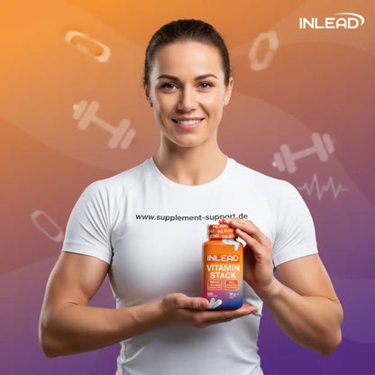 Frau hält INLEAD Vitamin Stack – Nahrungsergänzung für Sport und Gesundheit