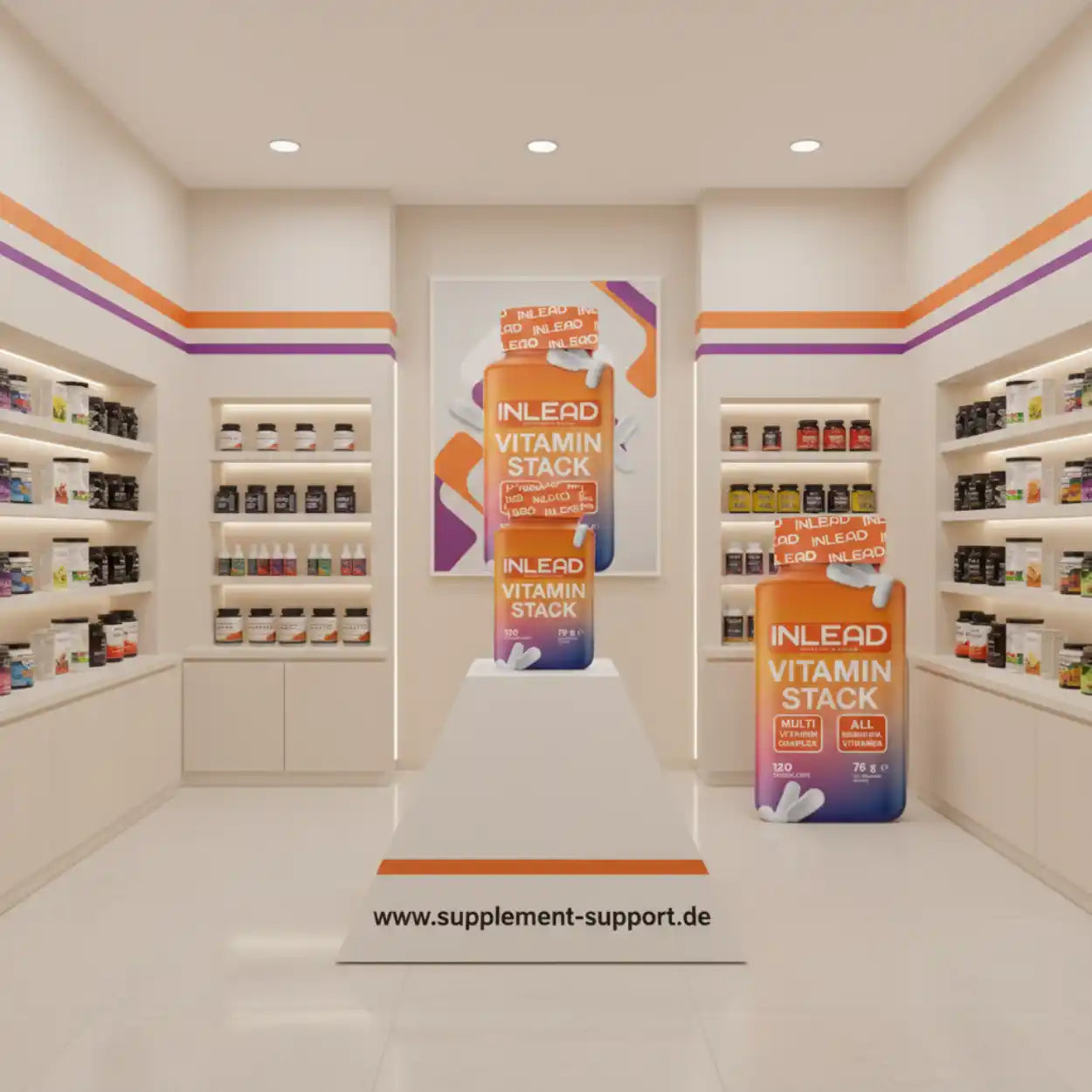 INLEAD Vitamin Stack Multivitamin Komplex in moderner Supplement-Shop Auslage mit beleuchteten Regalen