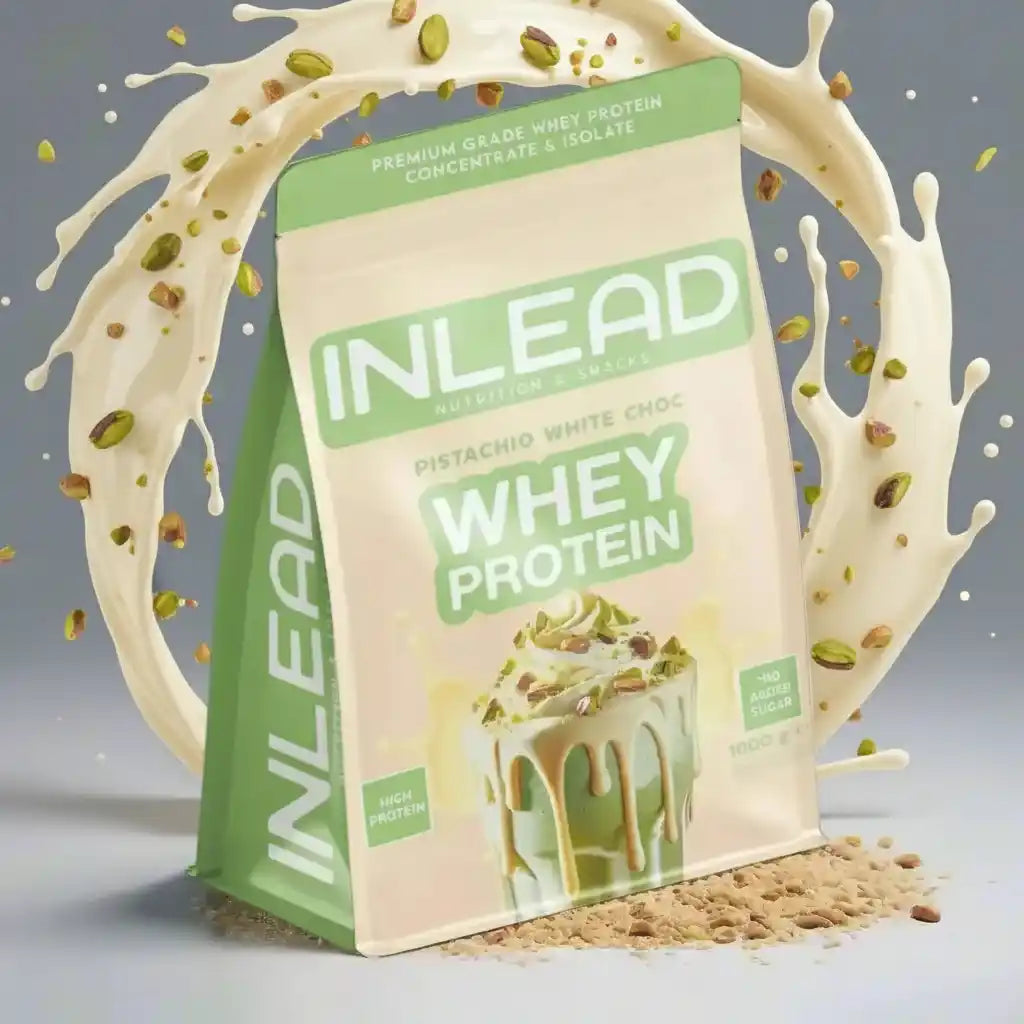 Inlead Whey Protein Pistazie-Weiße Schokolade, hochwertiges Proteinpulver mit Milchspritzer und Nüssen