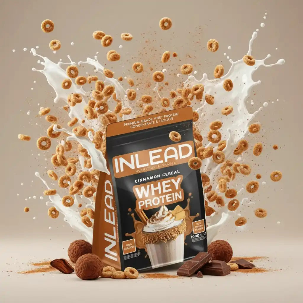 INLEAD Whey Protein Cinnamon Cereal mit Milchspritzern und Müsliringen – Premium Proteinpulver für Sportler