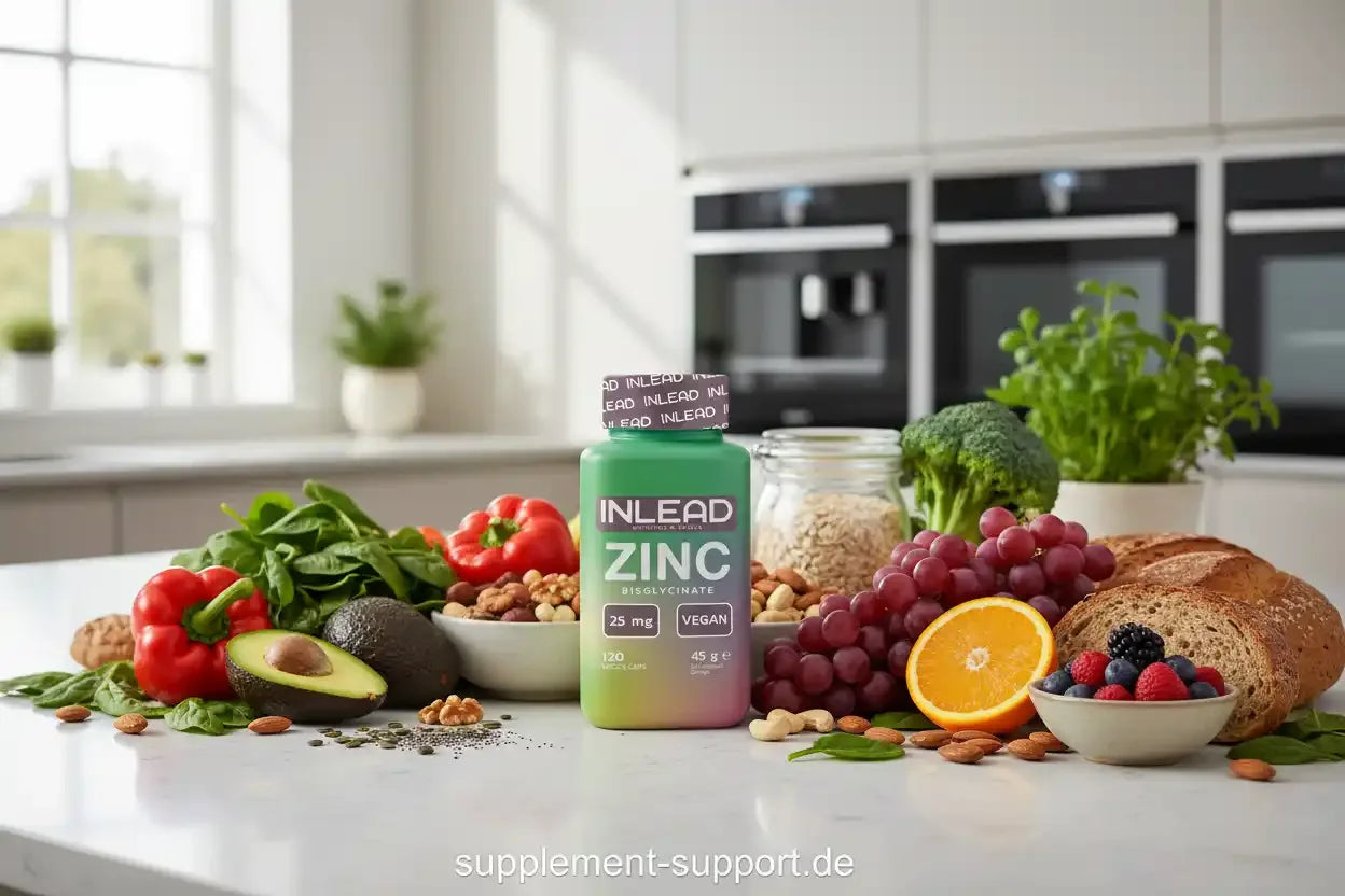INLEAD Zink Bisglycinat 25 mg Vegan – Nahrungsergänzung mit Obst, Gemüse & Nüssen in moderner Küche