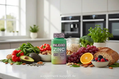 INLEAD Zink Bisglycinat 25 mg Vegan – Nahrungsergänzung mit Obst, Gemüse & Nüssen in moderner Küche