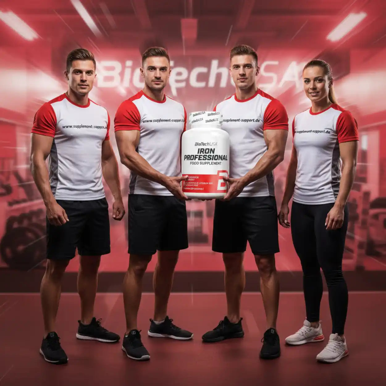 BioTech USA Iron Professional Nahrungsergänzungsmittel, präsentiert von Sportlern im Fitnessstudio