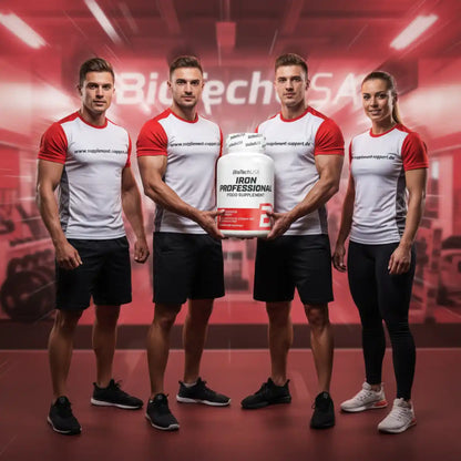 BioTech USA Iron Professional Nahrungsergänzungsmittel, präsentiert von Sportlern im Fitnessstudio