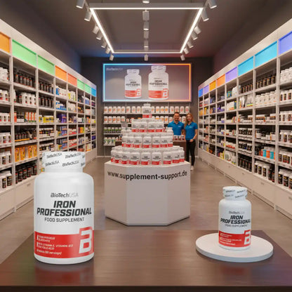BioTechUSA Iron Professional Nahrungsergänzungsmittel im Supplement-Shop mit Regalen und Werbebildschirm