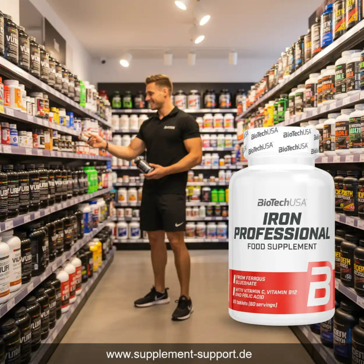 BioTechUSA Iron Professional Nahrungsergänzungsmittel in Sportnahrungsladen mit Kunden