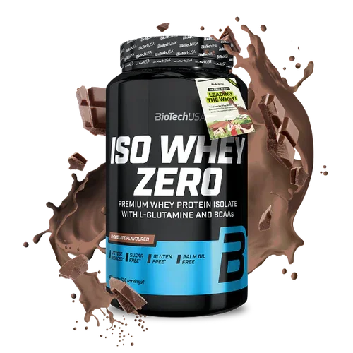 Dose BioTechUSA Iso Whey Zero Proteinpulver 908g Schokoladengeschmack vor Schokoladenspritzern
