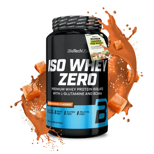 BioTechUSA ISO Whey Zero Proteinpulver 908g in Salted Caramel Geschmack mit Karamellstücken