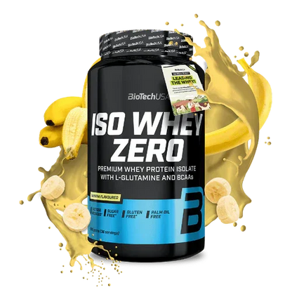 Iso Whey Zero Proteinpulver von BioTechUSA, 908g, Banane, mit Bananen und Proteinshake Splash