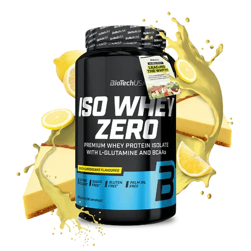 BioTechUSA Iso Whey Zero Proteinpulver 908g, Lemon Cheesecake Geschmack, Produkt mit Zitronen, Kuchen und cremigem Shake dekoriert