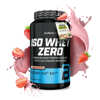 BioTechUSA Iso Whey Zero Proteinpulver 908g Erdbeere, Proteinshake mit Erdbeeren und rosa Splash