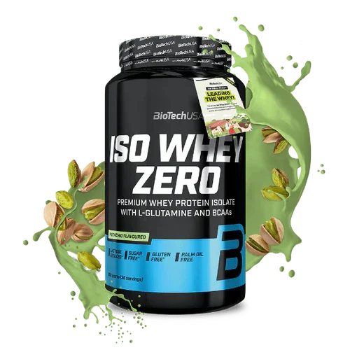 BioTechUSA Iso Whey Zero Proteinpulver 908g Pistaziengeschmack mit grüner Creme und Pistazien