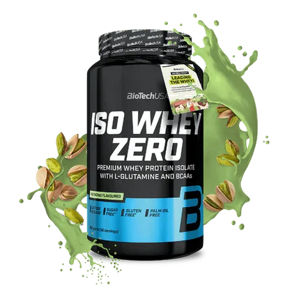 BioTechUSA Iso Whey Zero Proteinpulver 908g Pistaziengeschmack mit grüner Creme und Pistazien