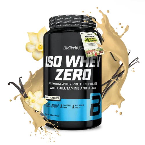 BioTechUSA ISO Whey Zero Proteinpulver Vanille, 908g Dose, dekoriert mit Vanilleblüten