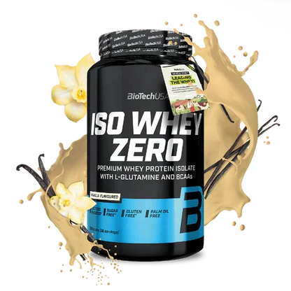 BioTechUSA ISO Whey Zero Proteinpulver Vanille, 908g Dose, dekoriert mit Vanilleblüten