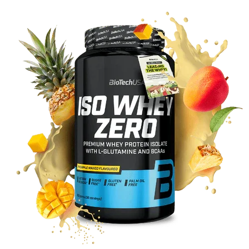 Iso Whey Zero Proteinpulver Dose, Geschmack Pineapple-Mango, mit Fruchtstücken dekoriert