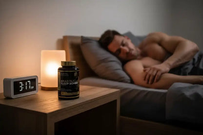 Nahrungsergänzungsmittel für Schlaf, Muskelregeneration, Sleep Bombs auf Nachttisch neben schlafendem Mann