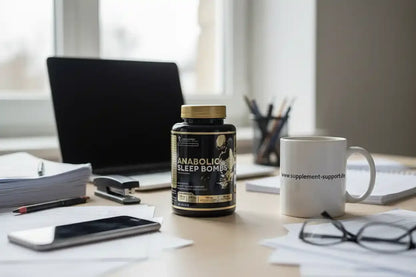 Anabolic Sleep Bombs Nahrungsergänzung auf Schreibtisch mit Laptop und Tasse