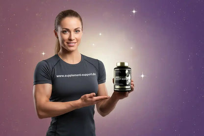 Frau hält Anabolic Sleep Bomb Nahrungsergänzungsmittel für Sportler vor sternenhimmel