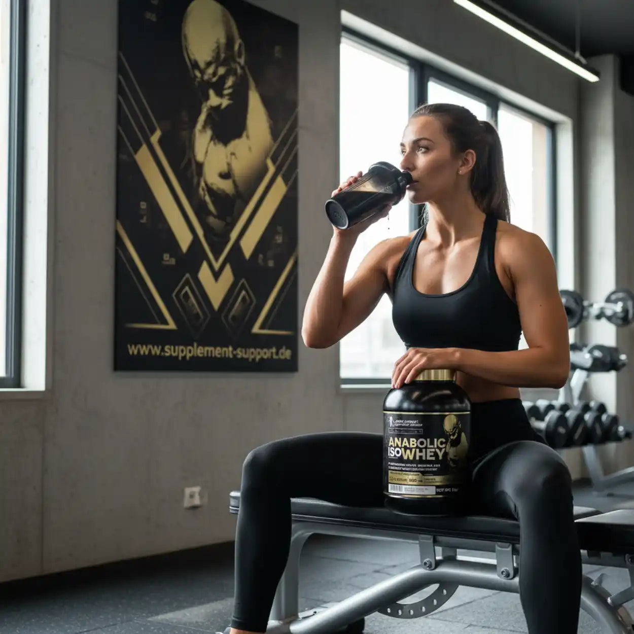 Frau trinkt Proteinshake im Fitnessstudio mit Anabolic IsoWhey