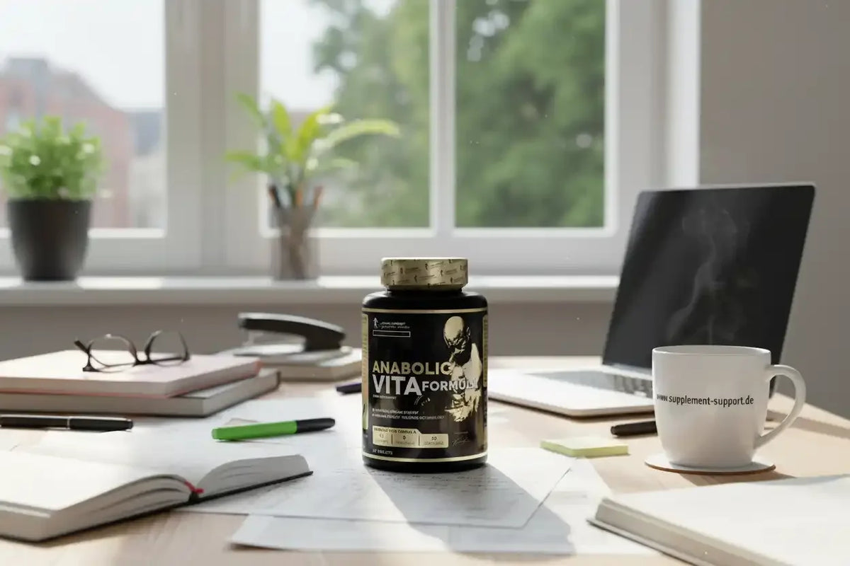 Anabolic Vita Formula Nahrungsergänzung auf Schreibtisch mit Laptop und Tasse