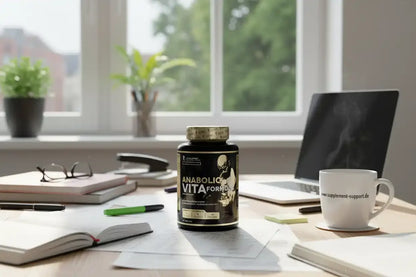 Anabolic Vita Formula Nahrungsergänzung auf Schreibtisch mit Laptop und Tasse