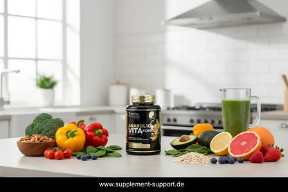 Anabolic Vita Formula Nahrungsergänzung mit Obst, Gemüse und grünem Smoothie in moderner Küche