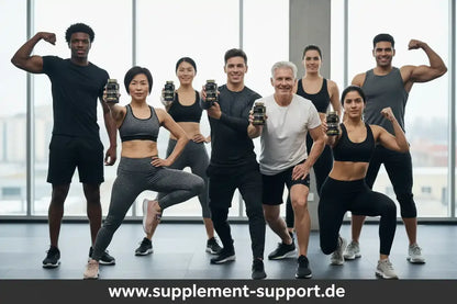 Gruppe fit trainierender Menschen mit Nahrungsergänzungsmitteln wie Protein und Vitaminen