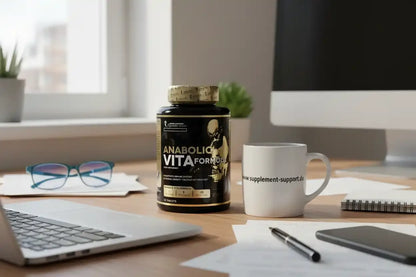 Anabolic Vita Formula Nahrungsergänzungsmittel auf Schreibtisch mit Laptop und Tasse