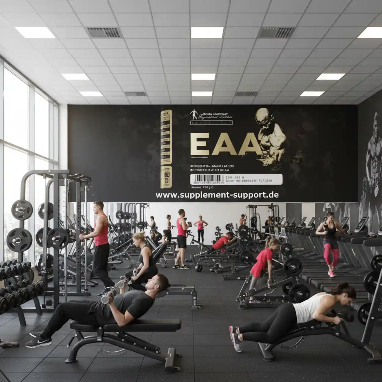 Fitnessstudio mit Trainierenden und EAA-Aminosäuren-Werbung für Sportnahrung und Booster