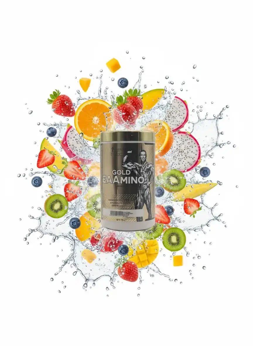 Gold EAAMINO Aminosäuren Supplement mit frischen Früchten und Wasser-Splash für Sportler