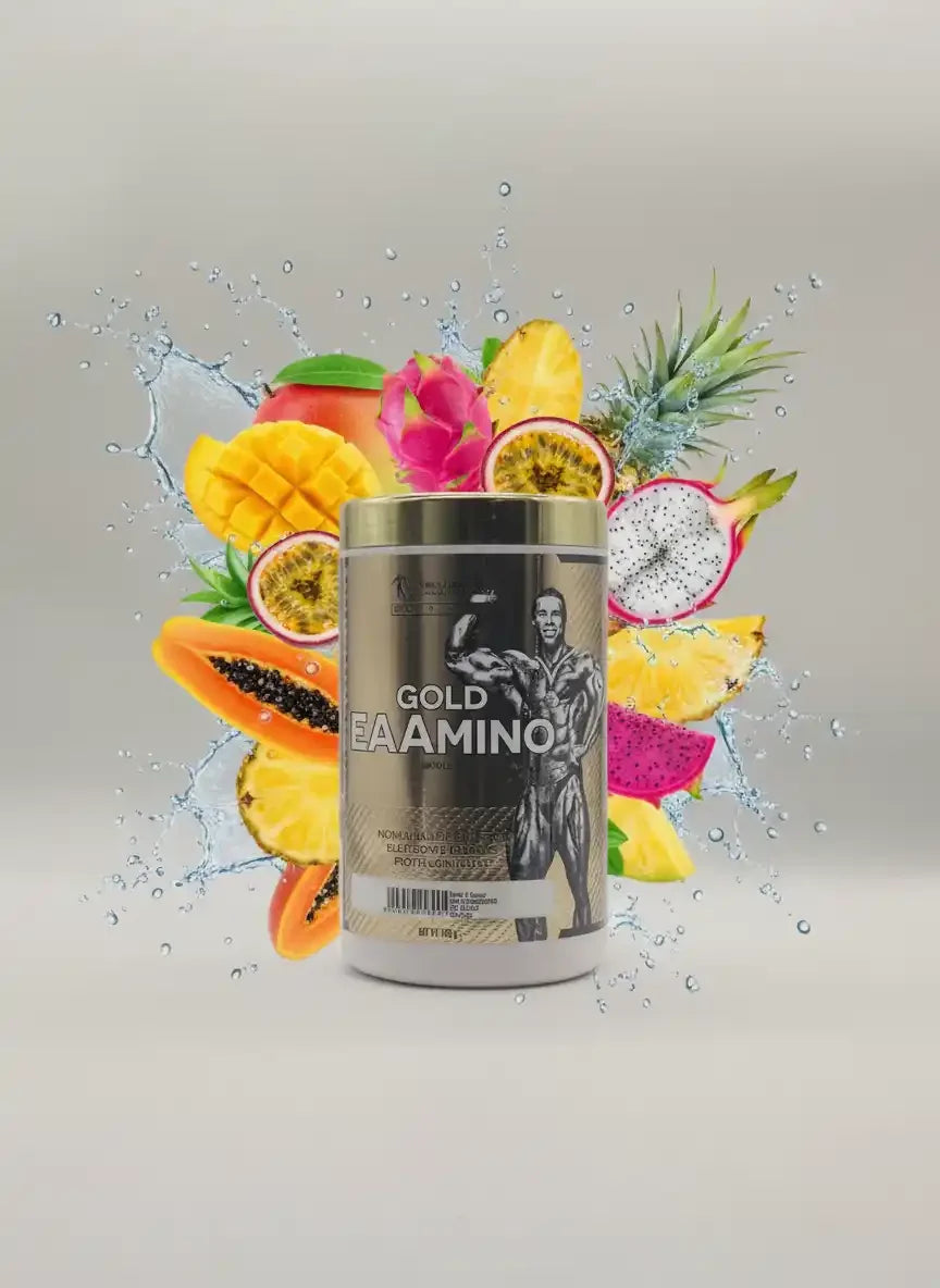 Gold EAA Amino Nahrungsergänzung mit tropischen Früchten und Wasserspritzern für Sportler
