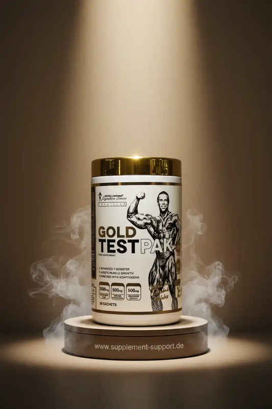 Dose Gold Test Pak Supplement für Muskelwachstum und Testosteron, beleuchtet auf Podest mit Rauch