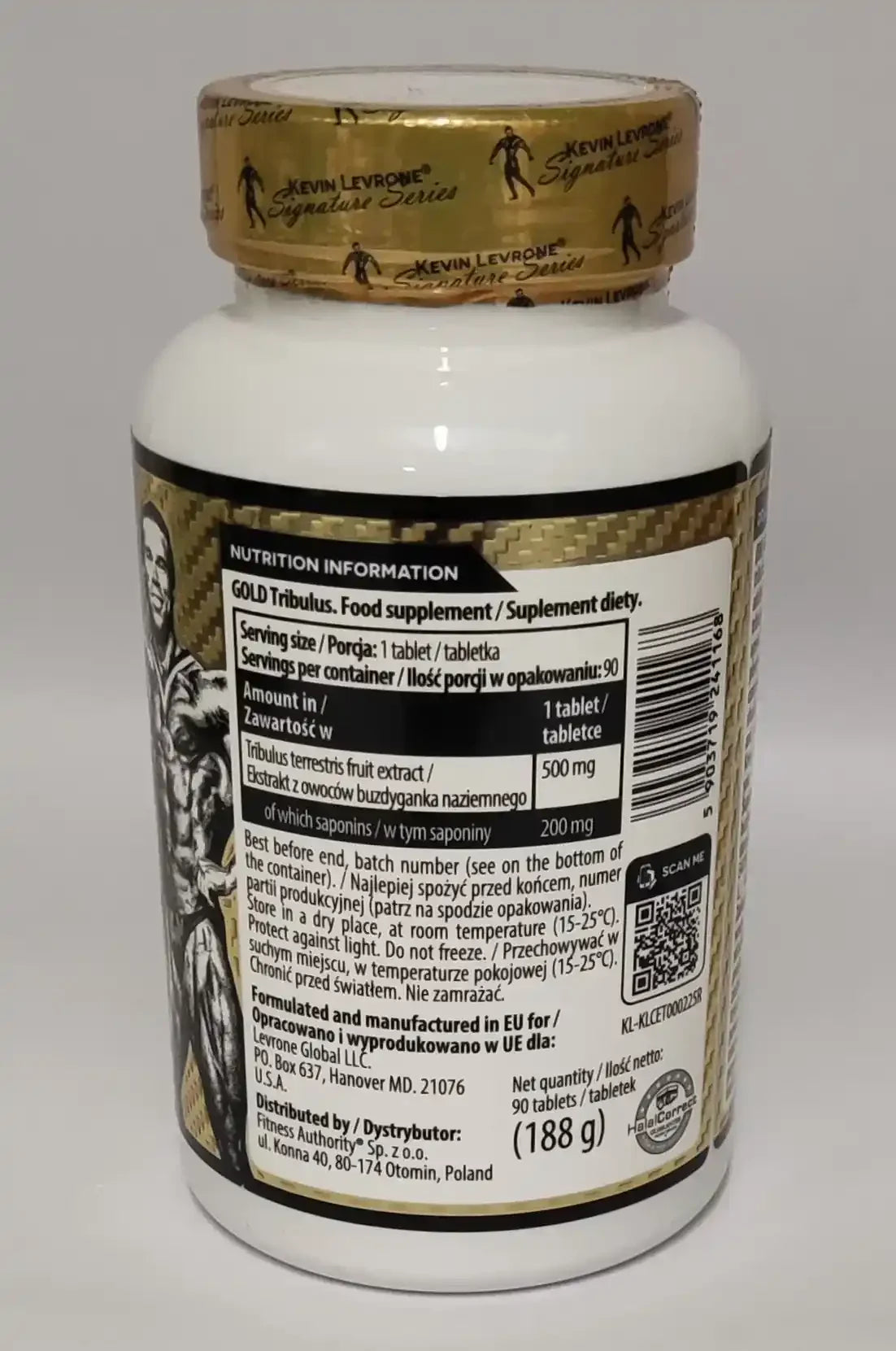 Kevin Levrone Gold Tribulus 500mg Dose, 90 Tabletten, Rückseite der Supplementdose