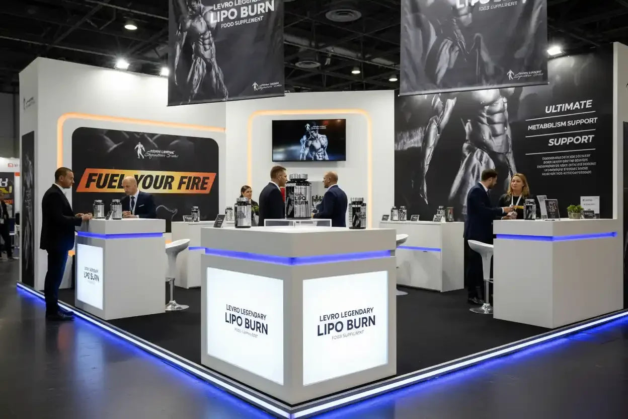 Messestand mit Levro Legendary Lipo Burn Nahrungsergänzung, Protein-Booster und Metabolismus-Support für Sportler