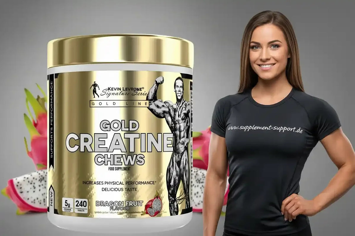 Gold Creatine Chews mit Drachenfrucht-Geschmack, Nahrungsergänzung für mehr Leistung, neben sportlicher Frau