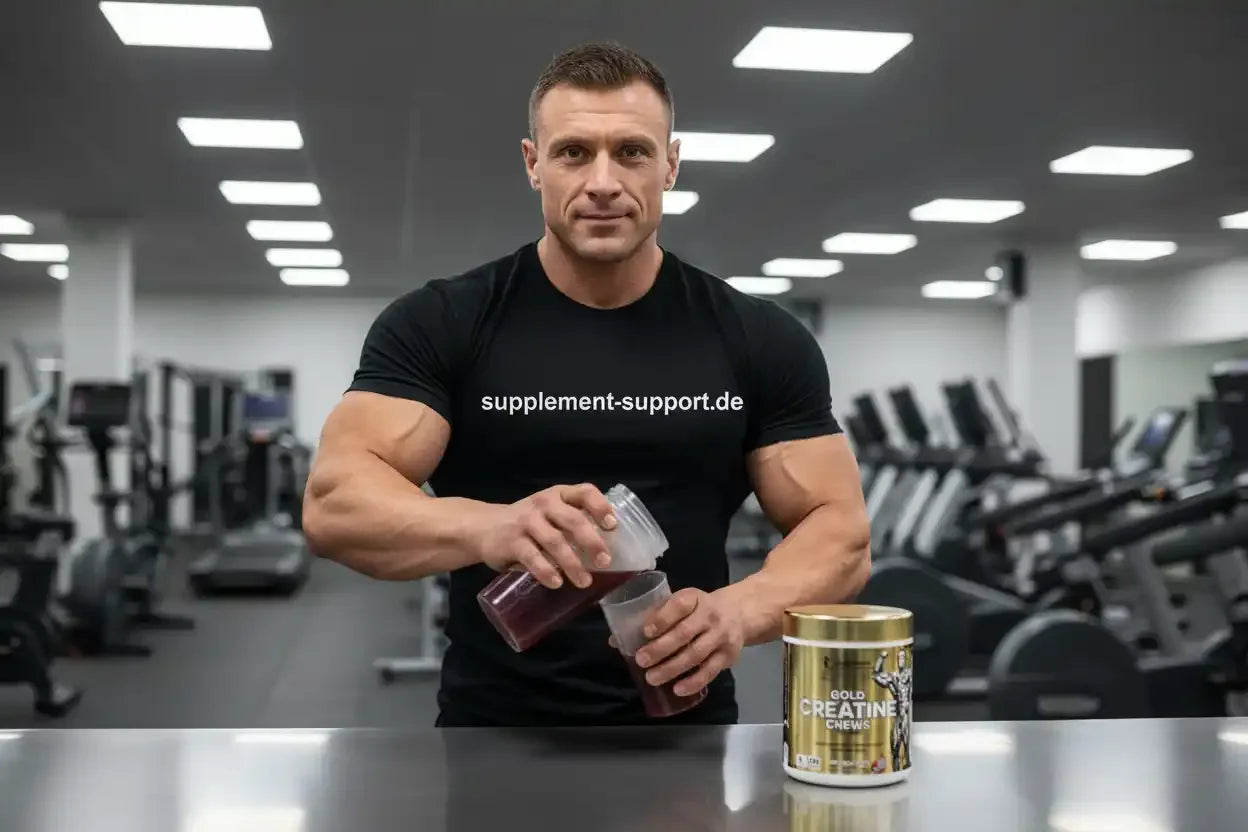 Muskulöser Mann im Fitnessstudio mit Creatine Chews und Proteinshake – Nahrungsergänzung für Sportler