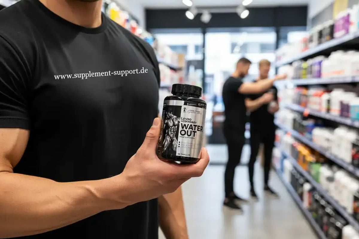 Muskulöser Mann hält Levro Water Out Nahrungsergänzung in Sportnahrungsladen
