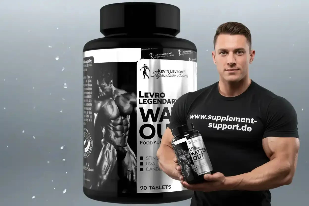 Muskulöser Mann mit Levro Legendary Water Out Nahrungsergänzungsmittel, Protein & Booster für Sportler