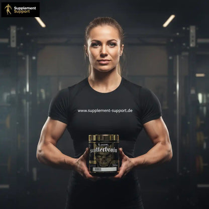 Frau im Fitnessstudio hält Nahrungsergänzungsmittel-Produkt mit Schädel-Design